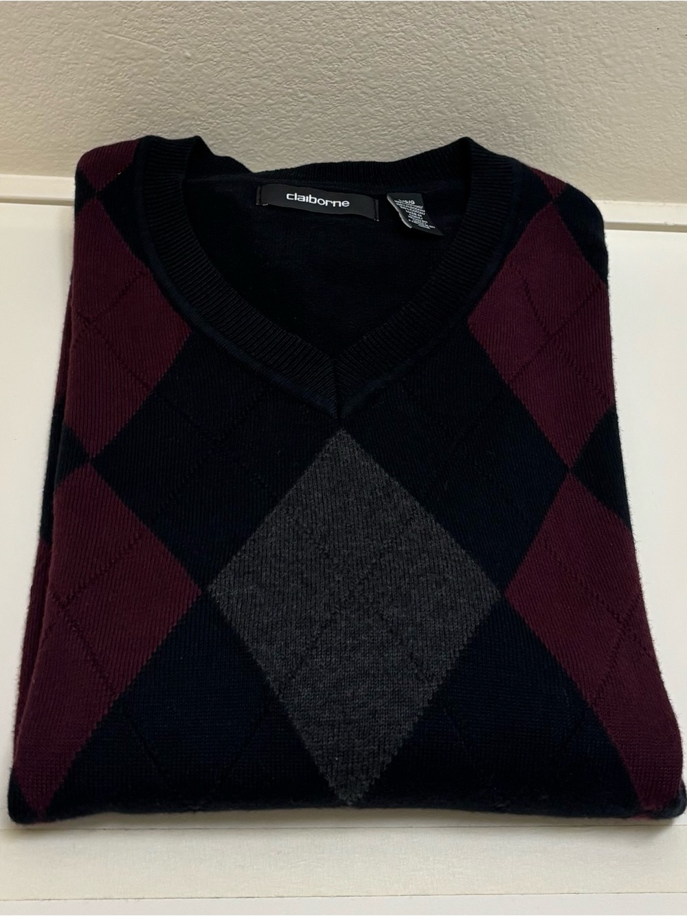 Claiborne Men's V-Neck Argyle Sweater - Black, Burgundy, Gray